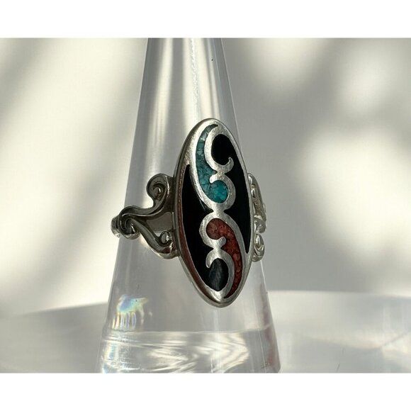 Zuni Sterling Silver Navajo Genuine Turquoise, Onyx & Coral Inlay Oval Ring - 9 - Picture 8 of 10